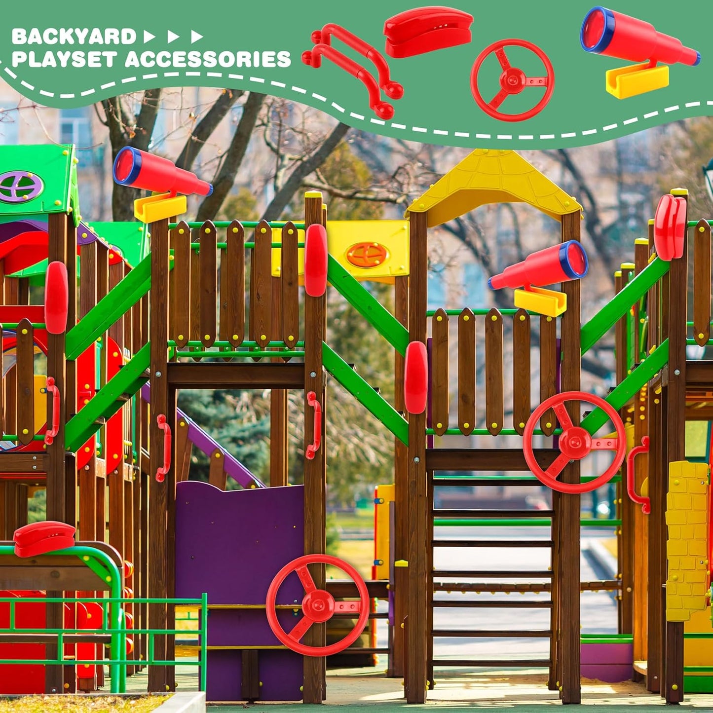 5 Pack Kids Playground Accessories Set Swingset Steering Wheel Plastic Telescope Safety Handles Telephone Toy for Outdoor Playhouse Playset (Color Set 4)