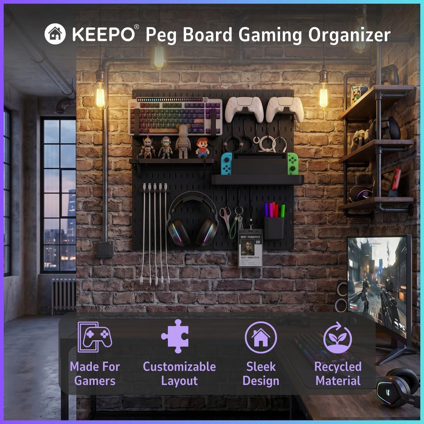 Keepo Peg Board Wall Organizer for Gaming Setup, Pegboard with Adhesives & Screw Mounts, Includes Peg Board Accessories for Gaming Accessories, Tech Storage & Office Organization (Black, 33″×22″)