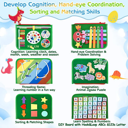 Esjay Toddler Busy Board Montessori Toys for Boys Girls, Sensory Book Educational Activities for Learning Fine Motor Skills, Birthday Gifts for Toddlers, Travel Toys for Airplane Car, White Dinosaur