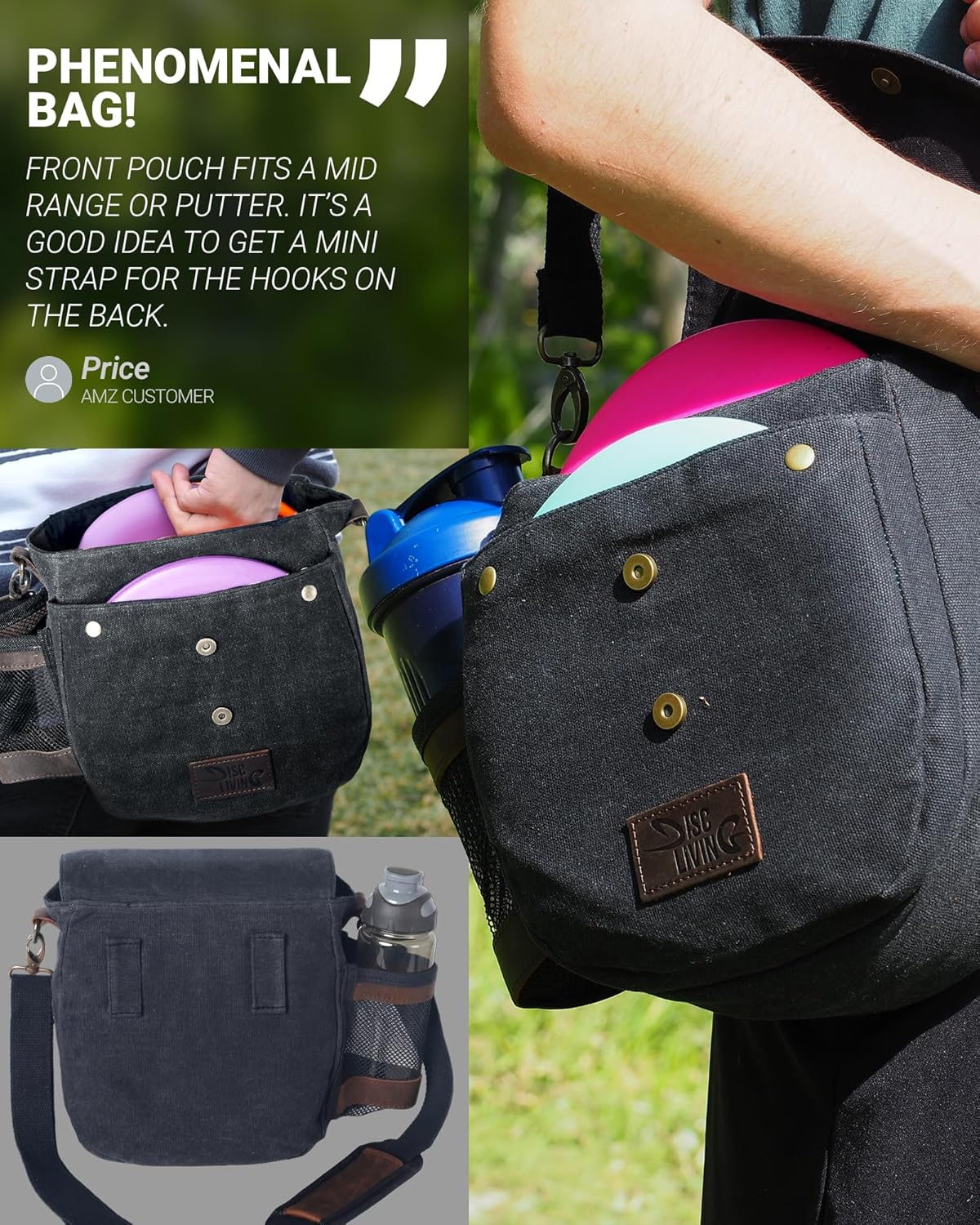 Disc Golf Bag | Frisbee Golf Bag | Easy to Carry | Lightweight Fits Up to 10 Discs | 16 oz Waxed Canvas Sturdy Design | Belt Loop | Double Button Design | Bottle Holder