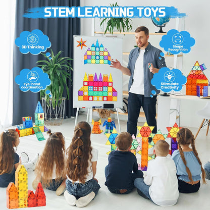 Paaxido Magnetic Tiles - 130PCS Magnetic Blocks for Kids, Magnet Tiles Building Blocks Set with 2 Cars, Construction STEM Magnet Toys Gift for Kids, Boys and Girls 3 4 5 6 7 8+ Year Old