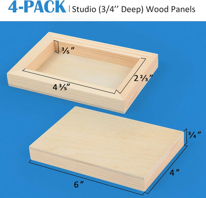 Falling in Art Unfinished Birch Wood Canvas Panels Kit, 4 Pack of 8x10’’ Studio 3/4’’ Deep Cradle Boards for Pouring Art, Crafts, Painting, and More