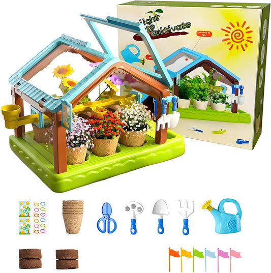 EXBEPE Kids Plant Growing Kit Greenhouse Growing Set with Drip Irrigation System and Grow Light Science Educational DIY Indoor Plant Gardening Toy for Kids