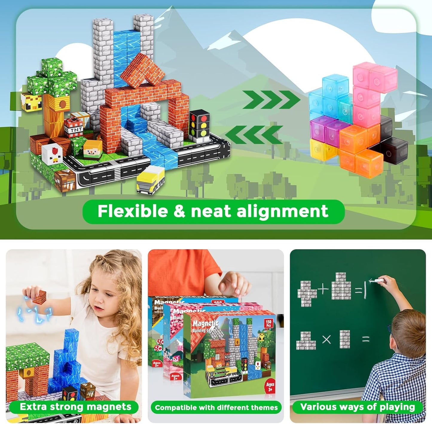 Magneverse 150 PCS Magnetic Blocks - Building Block for Kids Ages 4-8, Magnet Blocks Cubes for Boys Girls, STEM Educational Stacking Magnet Toy for 3 4 5 6 7 8 9 10 11 12 Birthday Gifts