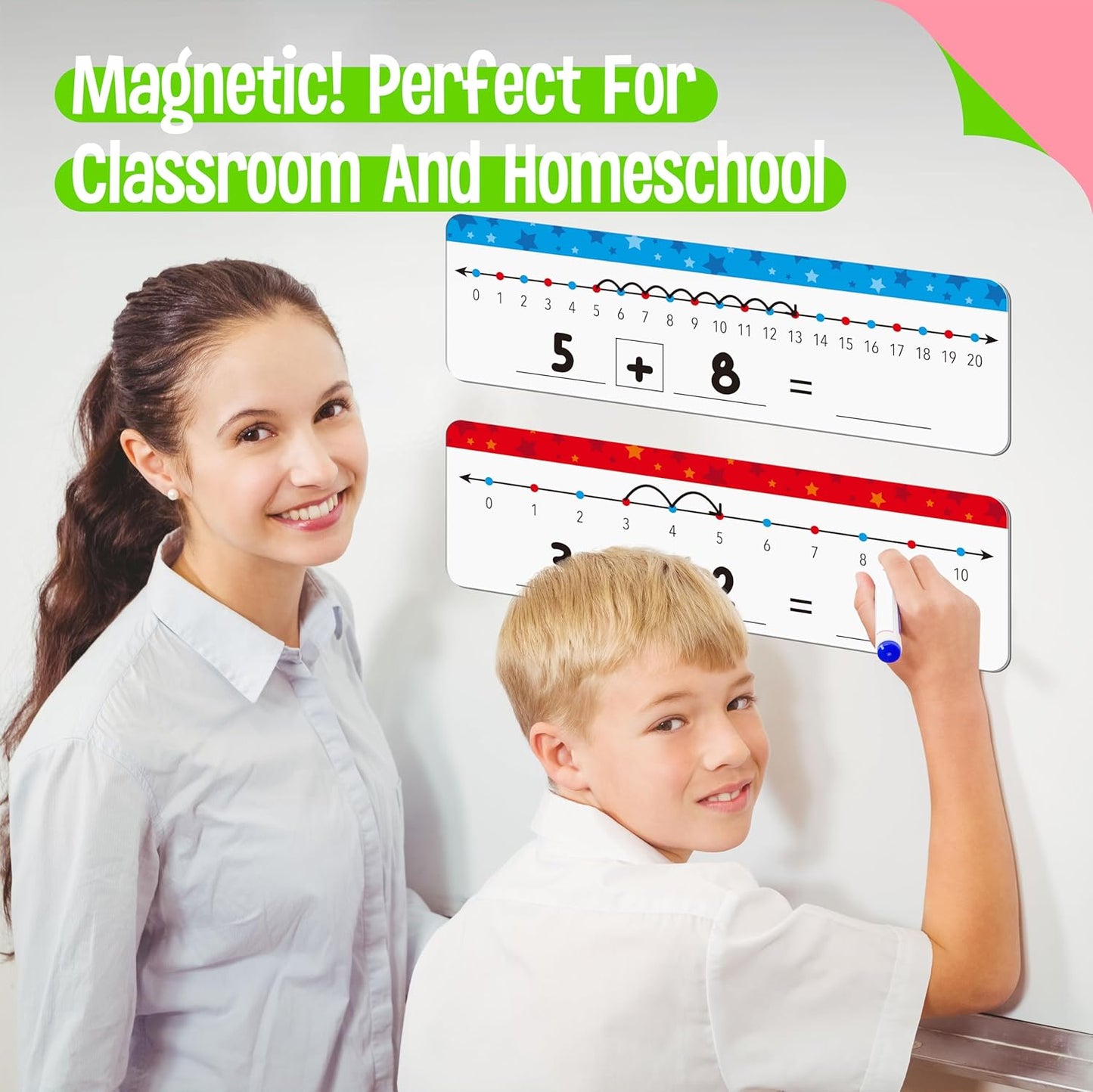 8 Packs Magnetic Number Line Boards, Dry Erase Writable and Erasable Math Board Addition & Subtraction White Board Magnets for Kids, Students, Classroom and Home (Each Measures 12” x 3.5”)