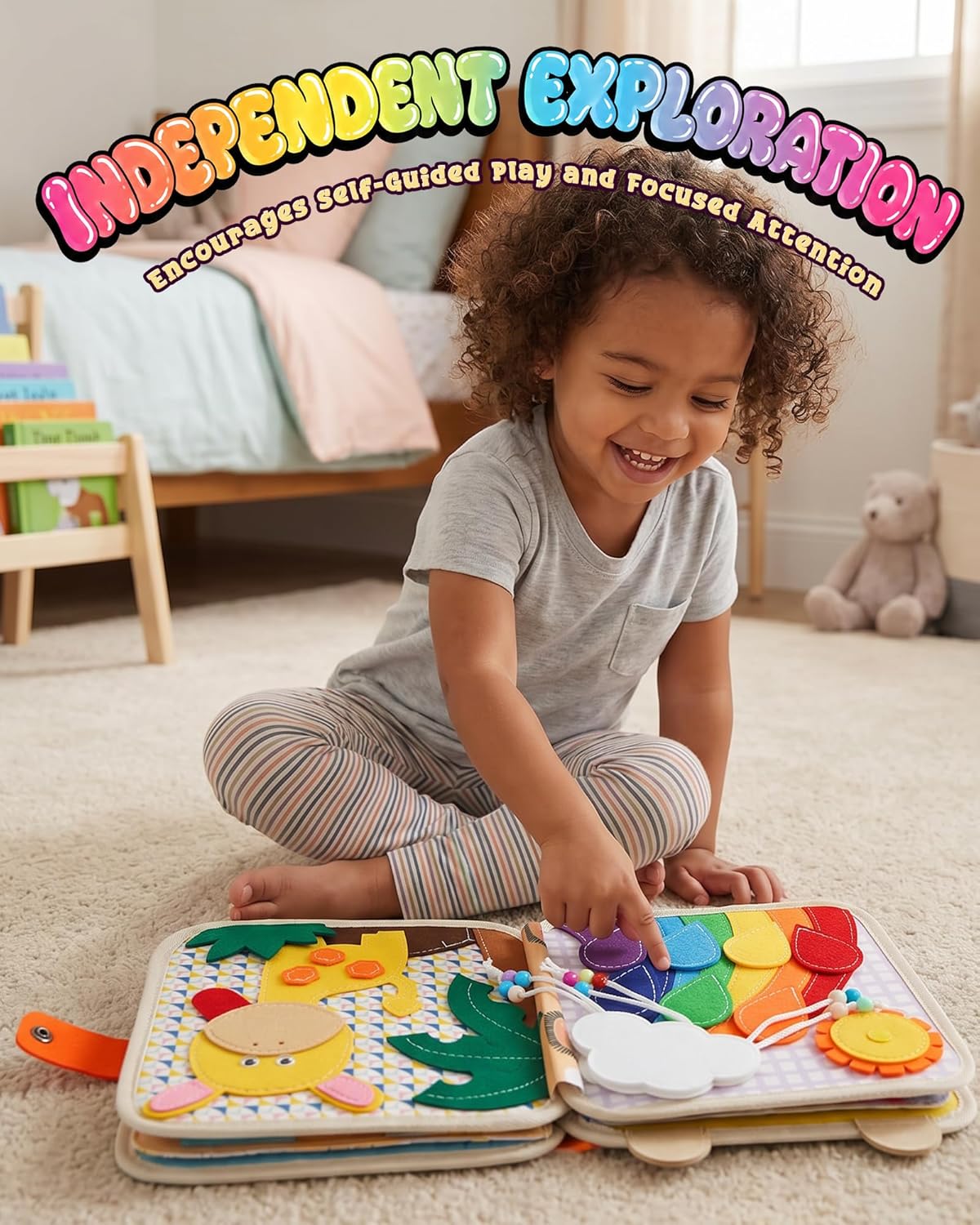 Montessori Busy Book for Toddlers, 8-Page Sensory Activity Book for Fine Motor Skills & Basic Dress Learning, Portable Travel Toy for Preschool Kids, Birthday Gift for Boys and Girls (Blue)
