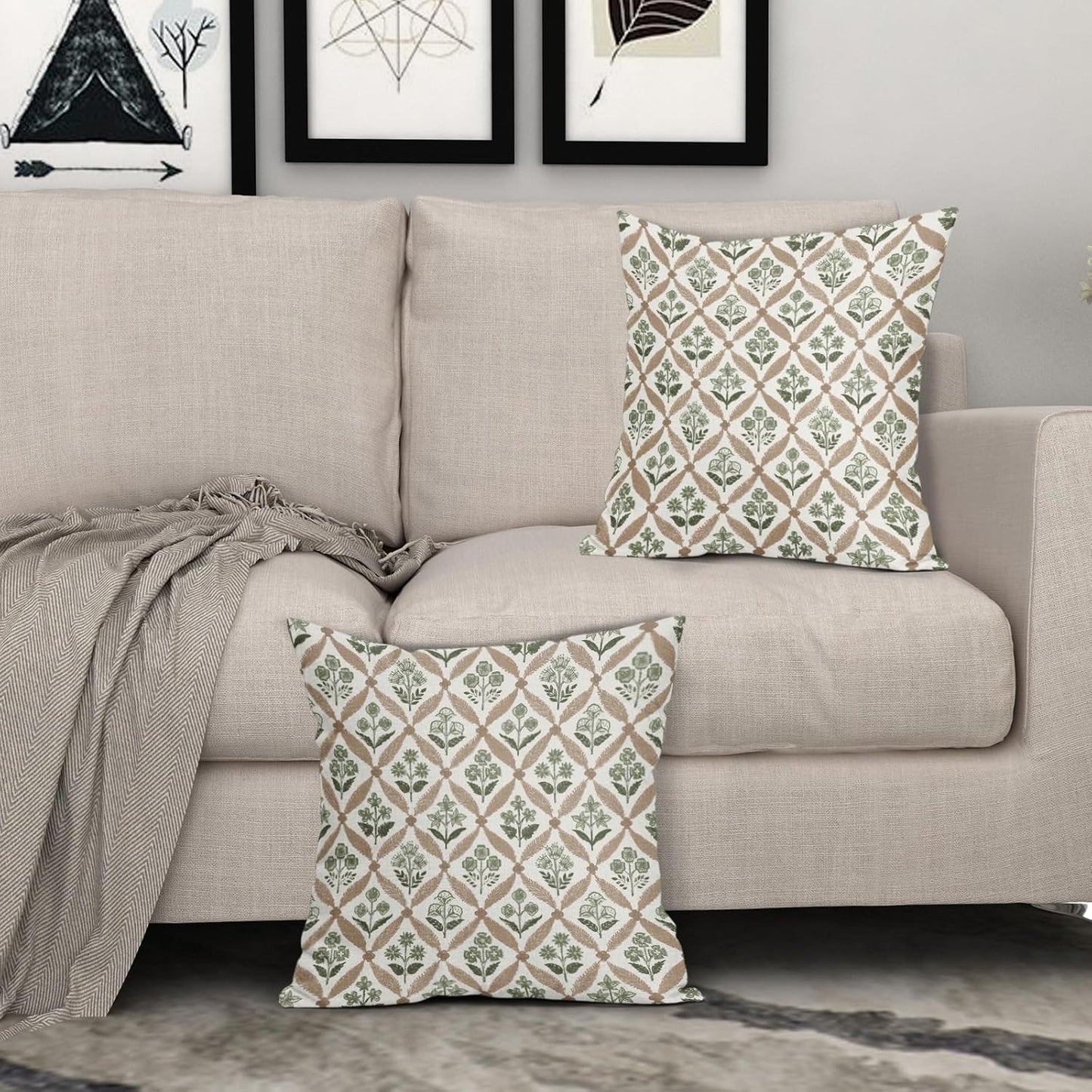 Blue Green Floral Block Print Pillow Covers 12X20 Set of 2, Flower Pattern Spring Summer Print Decorative Throw Pillow Covers Outdoor Farmhouse Seasonal Cushion Case Couch Sofa Bed Decor