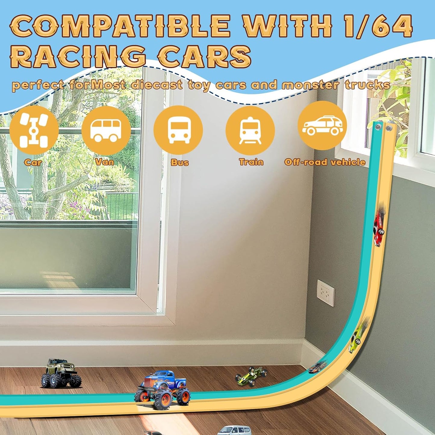 Flex Tracks 15 Ft for Kids Starter Set, Flexible Race Car Ramp Track with Suction Cups Compatible with Diecast 1/64th Cars for Ages 3 & Up (Black & Red)
