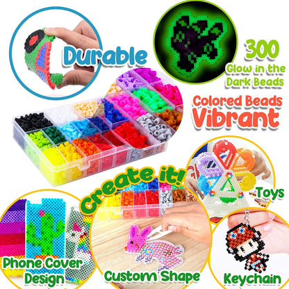 Goody King Board Fuse Beads Iron Set - Fuse Bead Kit for Kids Crafts with Bead Pegboard and Aqua Pony Beads, Pixel Art and Craft Kit (Large Set with Iron)