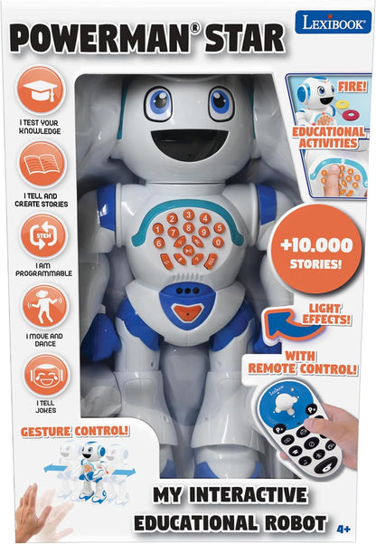 LEXiBOOK Powerman Max - Remote Control Walking Talking Toy Robot STEM Programmable Dances Sings Telling 10,000 Stories 300+ Learning Quiz Shooting Discs and Voice Repeat for Kids 4+ - ROB80EN, White