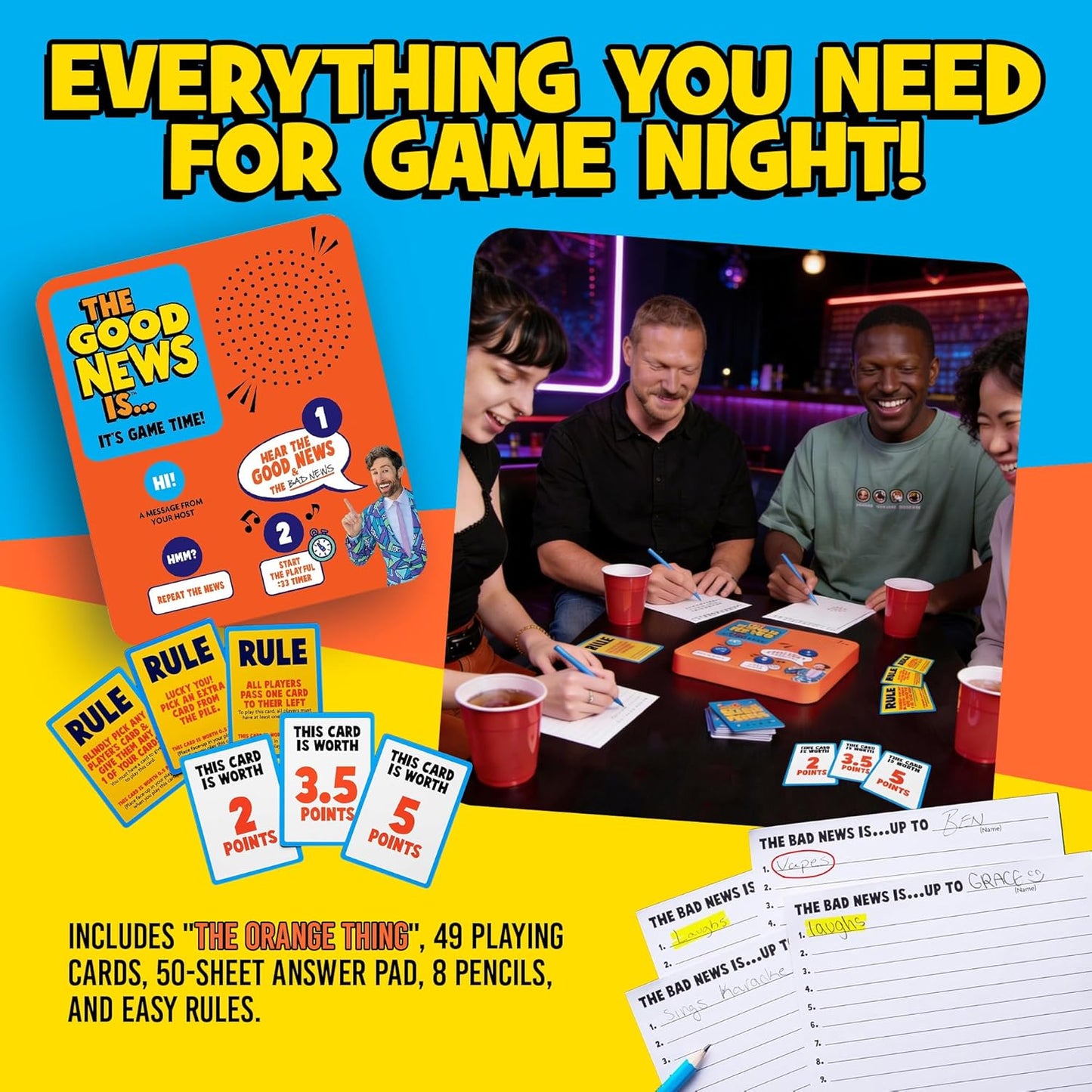 ALL THINGS EQUAL The Good News is Board Game, Electronic Family Party Game for Kids & Adults, Funny Fill-in-the-Blank Activity, Conversation Starter Card Set for Family Night, Teen and Adult Parties