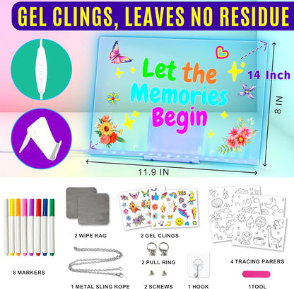 LED Drawing Board, 14'' Acrylic Note Board with Colors, Include LED Light Up Writing Pad 4 Modes & 7 Colors, 8 Markers, Stand, Hanging Chain, 2 Gel Clings, Holiday Gift