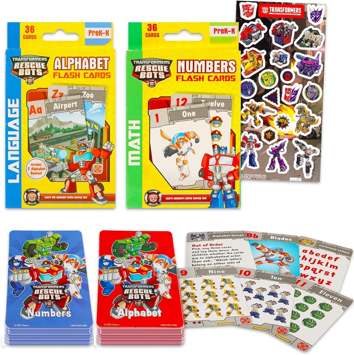 Hasbro Transformers Flash Cards Super Set Toddler Kids - Bundle with 72 Flashcards (2 Packs) Featuring Alphabet and Numbers for Pre-K Boys, Girls Plus Stickers | Transformers Learning Toys