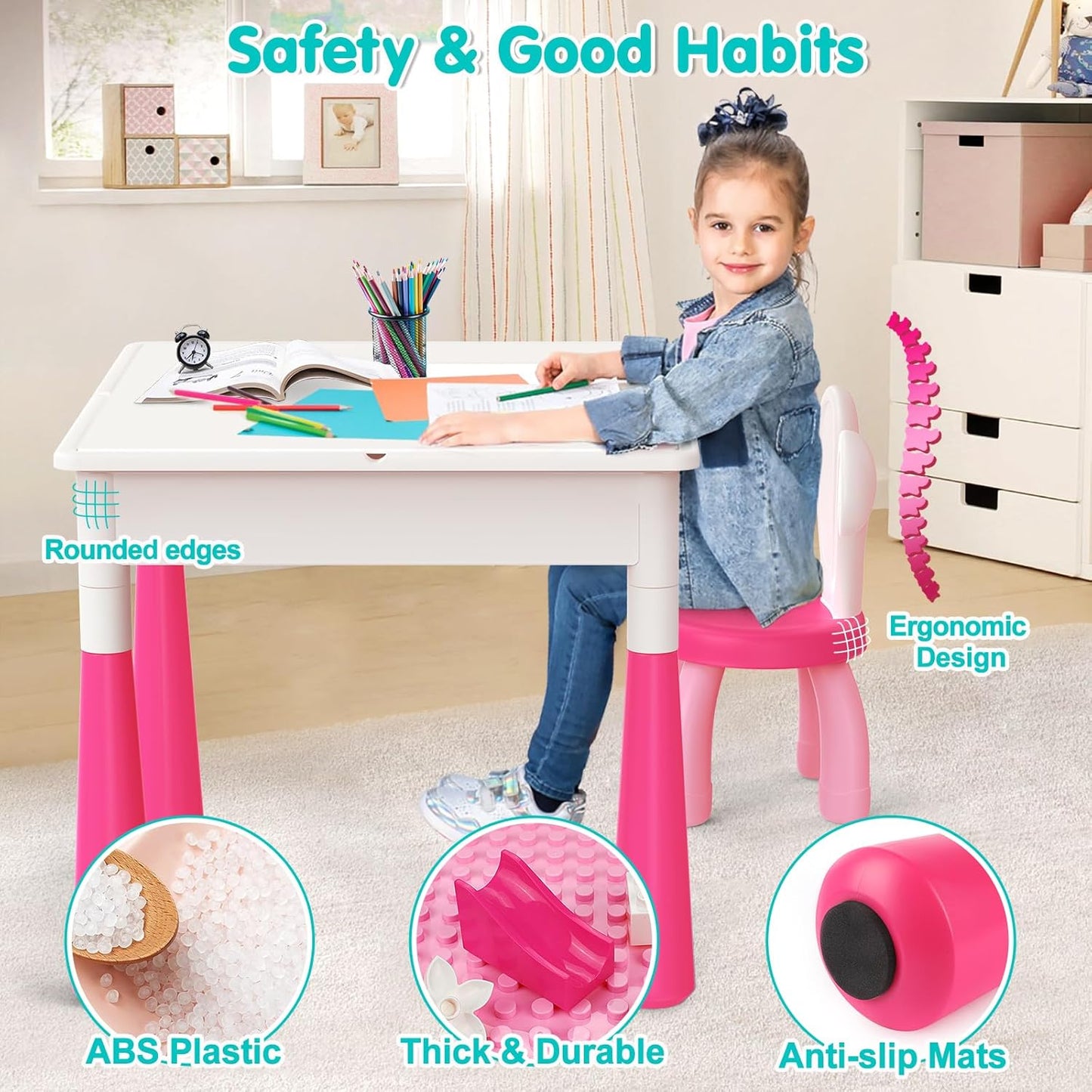 arscniek Toddlers Activity Table 7 in 1 Kids Activity Tables and 4 Chairs with 152Pcs Large Marble Run Building Blocks, Sand/Water Tables, Kids Learning Play Table Toys for Girls Boys Toddler Age 3-7