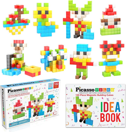 PicassoTiles 60pc Magnetic Puzzle Cube Building Set 1 Inch 3D Blocks STEM Construction Toy for Toddlers Kids Boys Girls Age 3+ Montessori Learning Travel Sensory Gift with Educational Idea Book PMC60