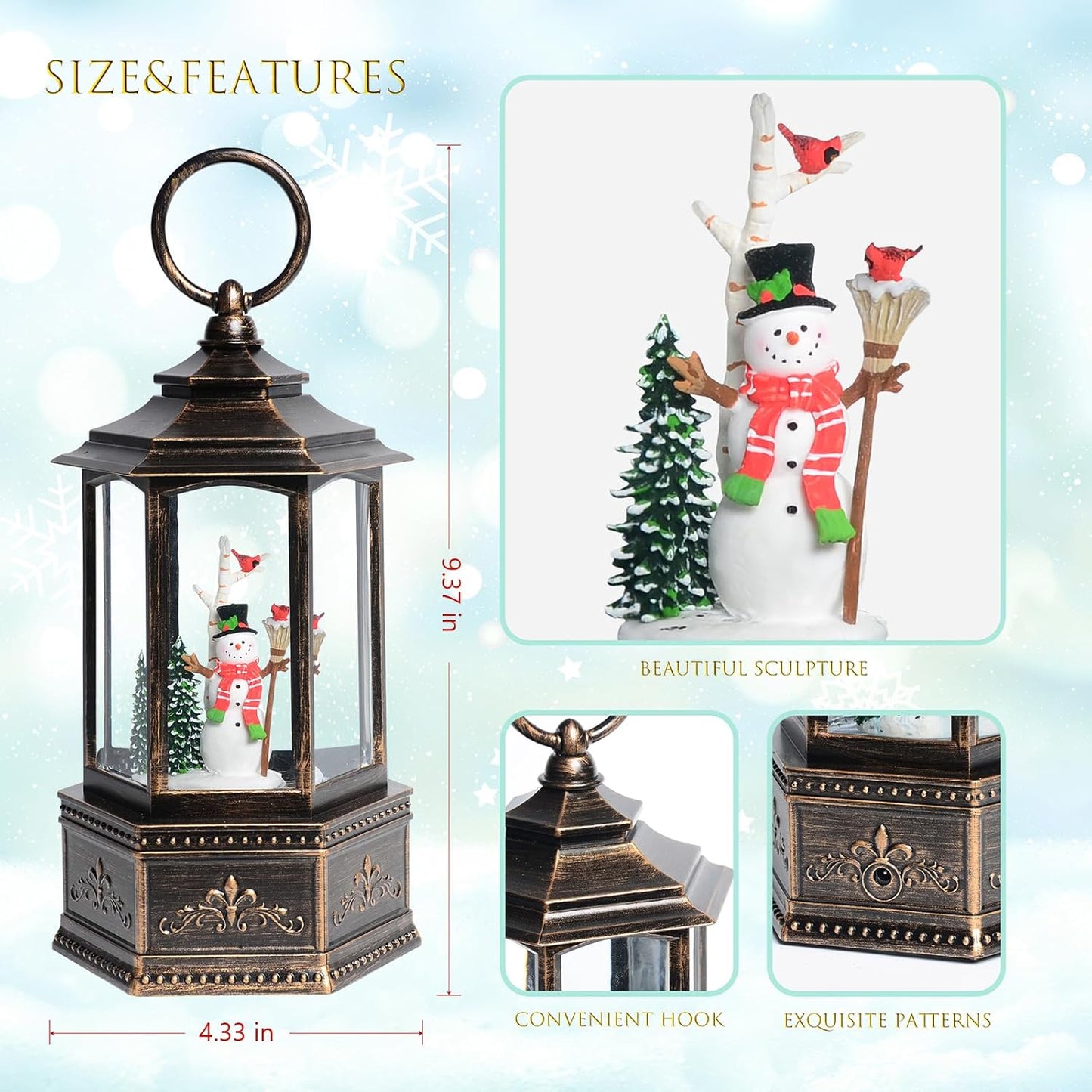 Christmas Snow Globes Lantern, Church and Christmas Tree Christmas Decorations Indoor, 6H Timer Battery & USB Powered Light Up Musical Snow Globes for Kids Women Adults Gift Thanksgiving Home Decor