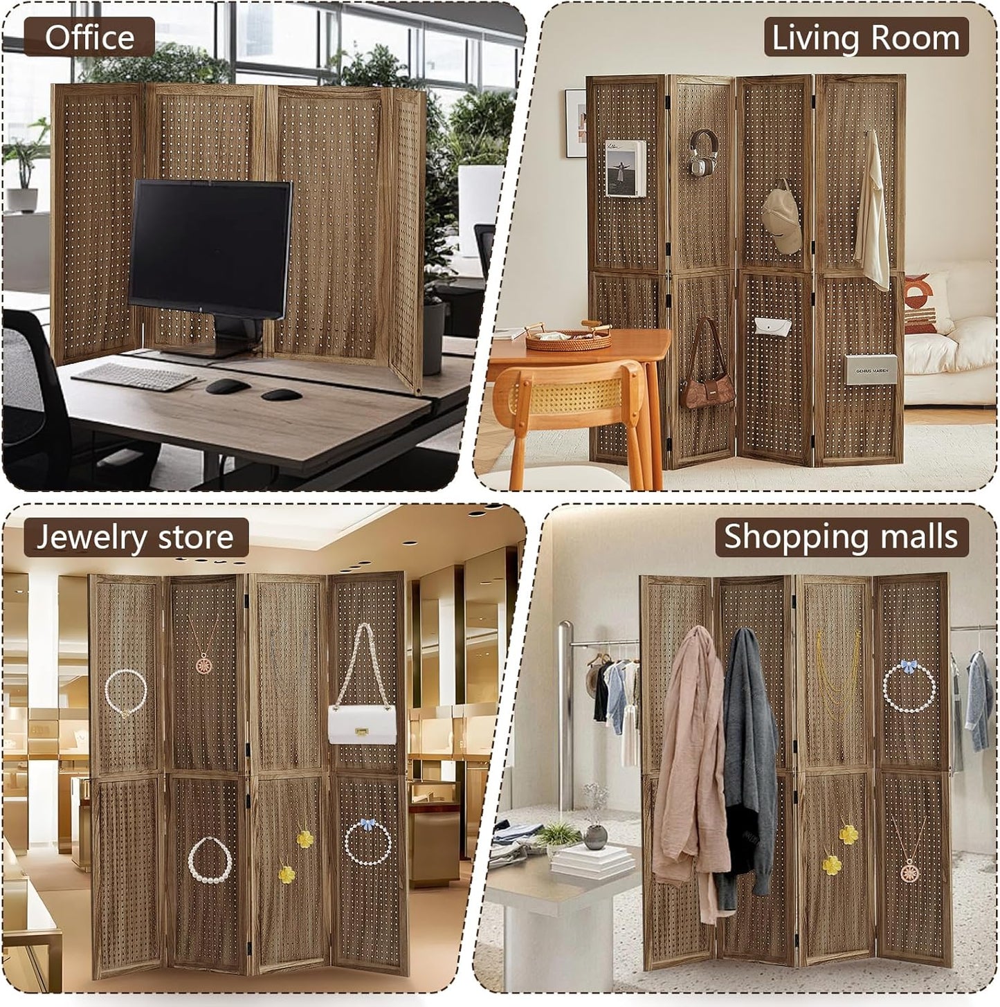 4 Panel Wooden Room Dividers, 5.6FT High Plug-in Folding Screen Made of Natural Wood, Pegboard Display for Bedroom and Shopping Malls and Jewelry Stores, Dark Brown
