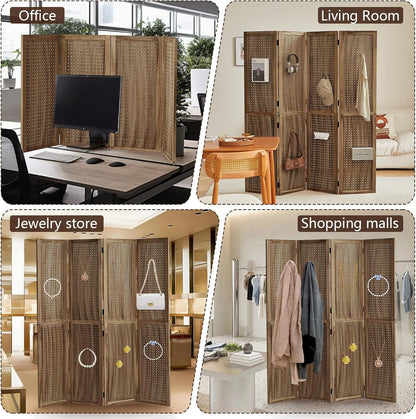 4 Panel Wooden Room Dividers, 5.6FT High Plug-in Folding Screen Made of Natural Wood, Pegboard Display for Bedroom and Shopping Malls and Jewelry Stores, Dark Brown