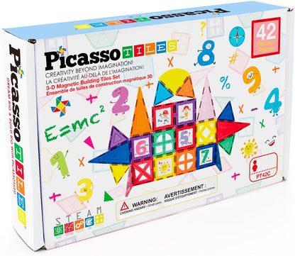 PicassoTiles 42pcs Magnetic Tiles Magnet Blocks See-Through Shape STEM Toys Building Block Educational Playset Compatible with Major Brand Tile -Starter Set for Boys and Girls Toddlers Ages 3+ PT42