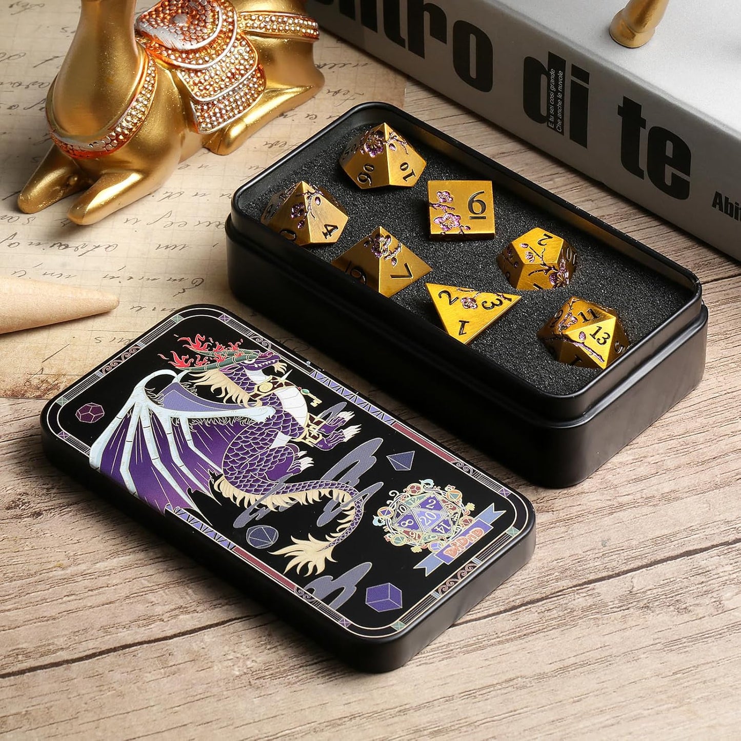 DnDnD Heavy Polyhedral Metal Dice Set with Metal Box, 7-die Shiny Blue Surface with Golden Number for RPG,Dungeons and Dragons,Pathfinder,Shadowrun,D&D,Role Palying Game and Math Teaching - Colors A