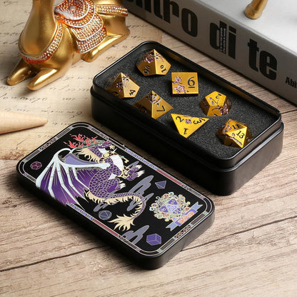 DnDnD Heavy Polyhedral Metal Dice Set with Metal Box, 7-die Shiny Blue Surface with Golden Number for RPG,Dungeons and Dragons,Pathfinder,Shadowrun,D&D,Role Palying Game and Math Teaching - Colors A