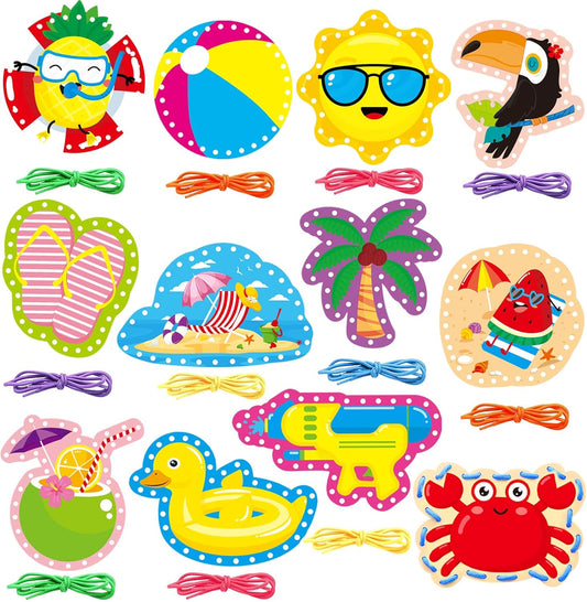 Summer Lacing Cards Sewing Kits For Kids 12 Pack Beach Theme Pool Party Decoration Double Sided Cardboard Lacing Playing Games for Boys Girls Preschool Home Developing Imagination Education Supplies