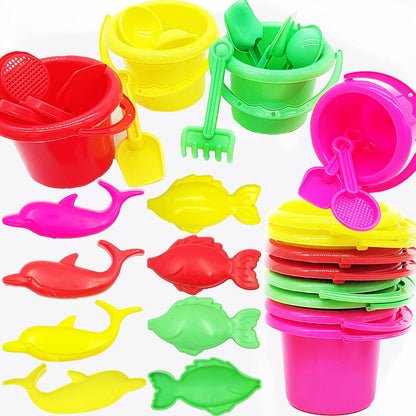 The Dreidel Company Mini Beach Day Playsets (Pack of 6) 3.25" Sand Bucket Play Set Box Includes, Pail, Shovel, Rake, Sifter Scoop, Dolphin Fish Sand Trays Toy for Boys and Girls Birthday Party Favor