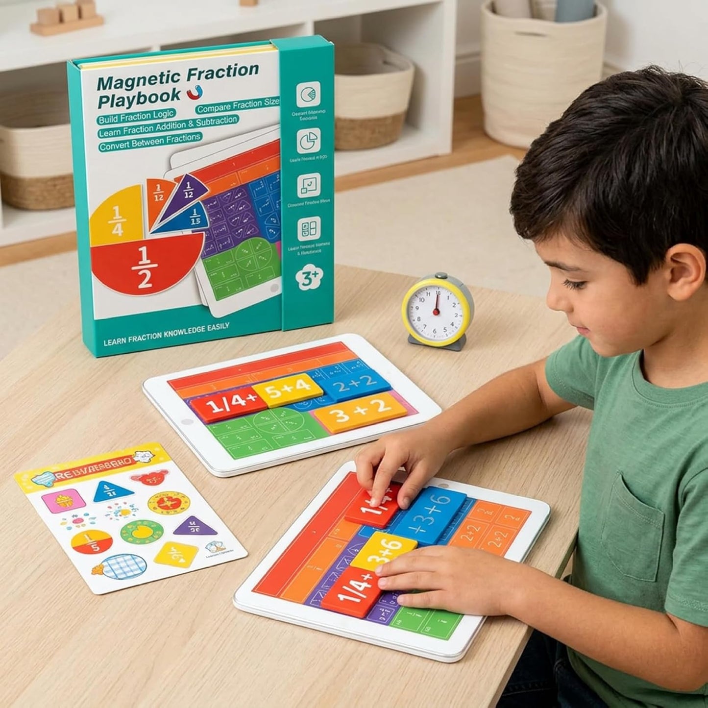 Magnetic Fraction Book, Magnetic Fraction Playbook, Book with Bar & Circles Pieces, Hands-On Math Manipulatives Learning Toy for Kids