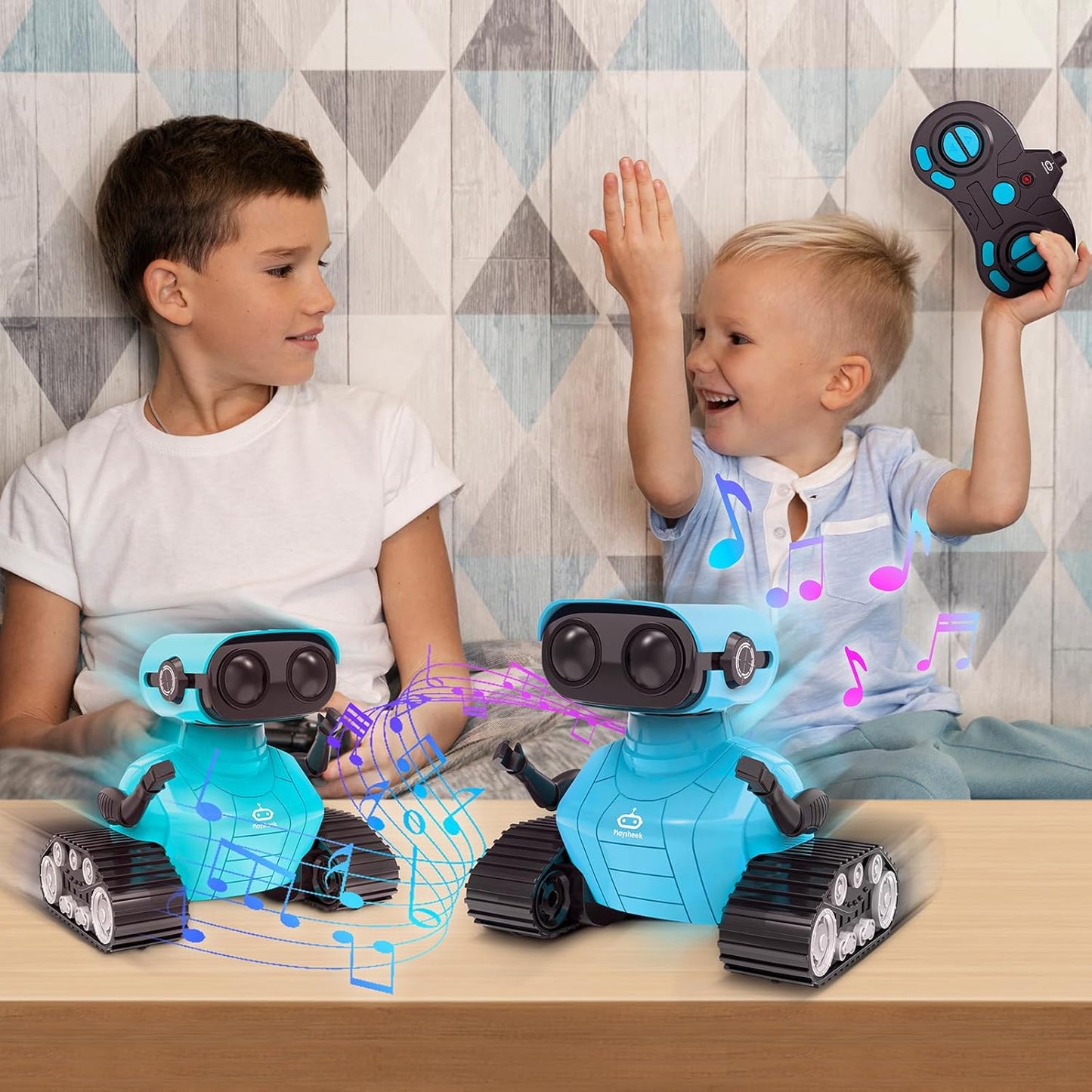Playsheek Rechargeable Emo Robot with Auto-Demonstration - Remote Control Smart Robot Toy Gift for Kids Age 3+ - Purple