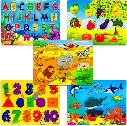 5 Pack Wooden Puzzles for Toddlers 1-3 - Colorful Chunky Wooden Peg Puzzles - Educational Learning Montessori Toys - Toddler Puzzles for Kids Ages 2-4 - Alphabet ABC Number Animal Fruit Shape