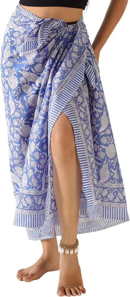 100% Cotton Sarong Cover Up for Women Indian Block Print Beach Wrap Skirt Long Boho Swimsuit Bikini Pareo (73” x 43”)