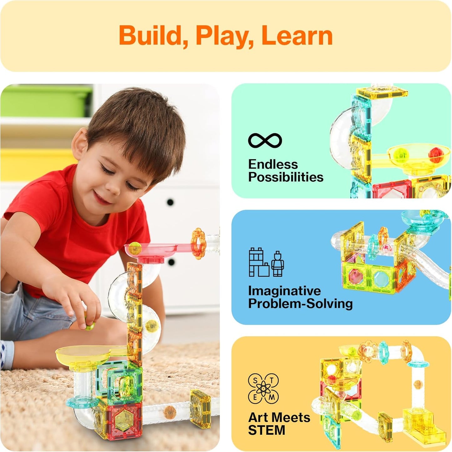 PicassoTiles Marble Run 60 Piece Race Track Magnetic Tiles Magnet Building Block Educational Construction Toy Set Playset STEM Learning Kit Child Brain Development HandEye Coordination Training PTG60