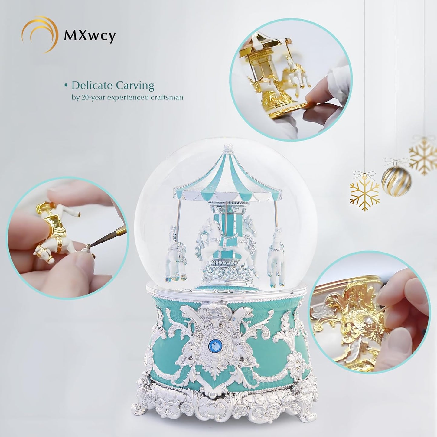 Carousel Music Box Gold & Ivory Christmas Snow Globes, 8.3" Rotate Carousel Snow Globe for Kids & Adults, Classic Wind up Musical Snow Globe Birthday Gifts for Women Girls, Carousel Horse Home Decor