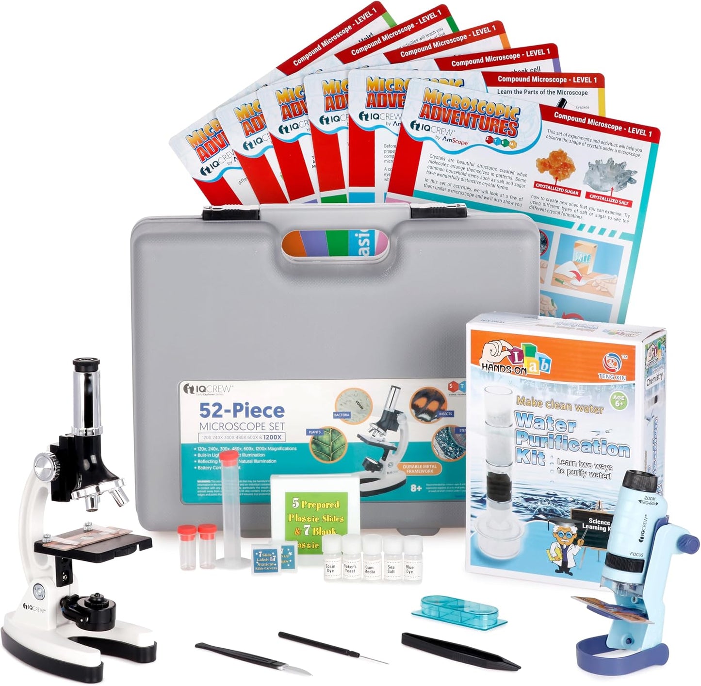 AMSCOPE-Kids 120X-1200X White Metal Arm Starter Kids Student Microscope Kit and Compact Refractor Telescope with Tripod - M30-ABS-KT2-W-TKVB1