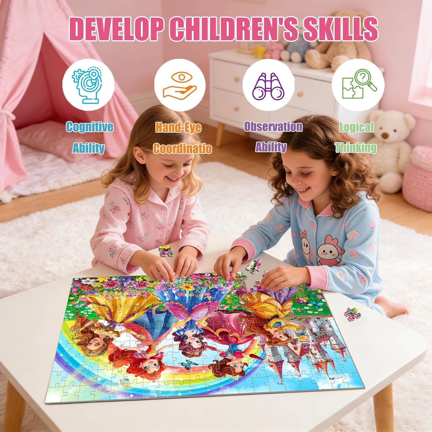 Princess Castle Jigsaw Puzzles for Girls Ages 6-8, 200 Piece Jigsaw Puzzle with Rainbow & Fairytale Scenery, 1:1 Reference Poster Included, for Kids Ages 4-6 8-10