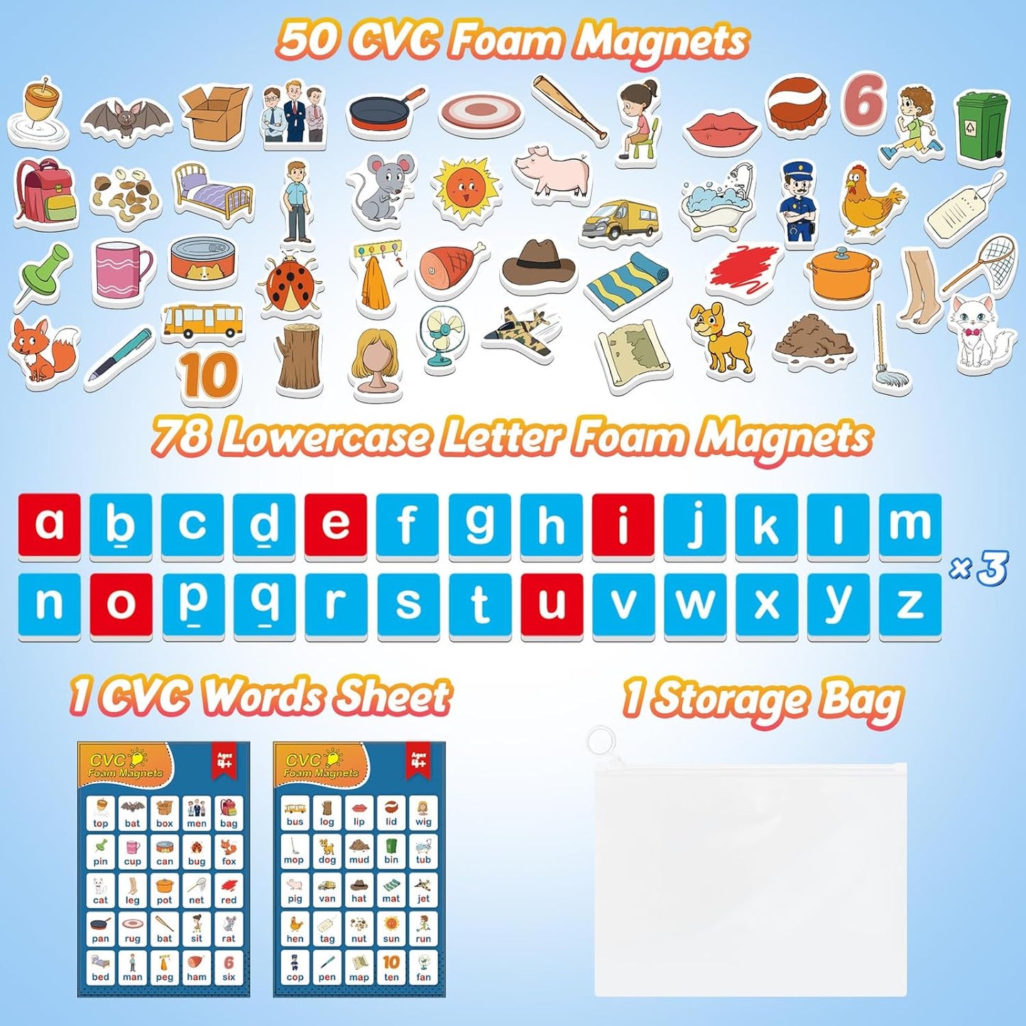 Kasfalci Magnetic Letters & CVC Word Games, Phonics Games, Alphabet Learning Toys, Refrigerator Fridge ABC Magnets for Kids, Speech Therapy Toys for Toddler, Spelling Reading for Preschool Classroom