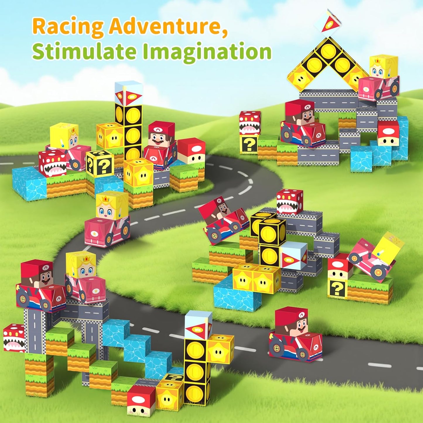 Magnetic Tiles Race Track Set, 52PCS STEM Educational Magnetic Building Blocks with 2 Race Cars, Montessori Sensory Travel Toys for Kids 3 4 5 6 7 8, Birthday for Boys & Girls