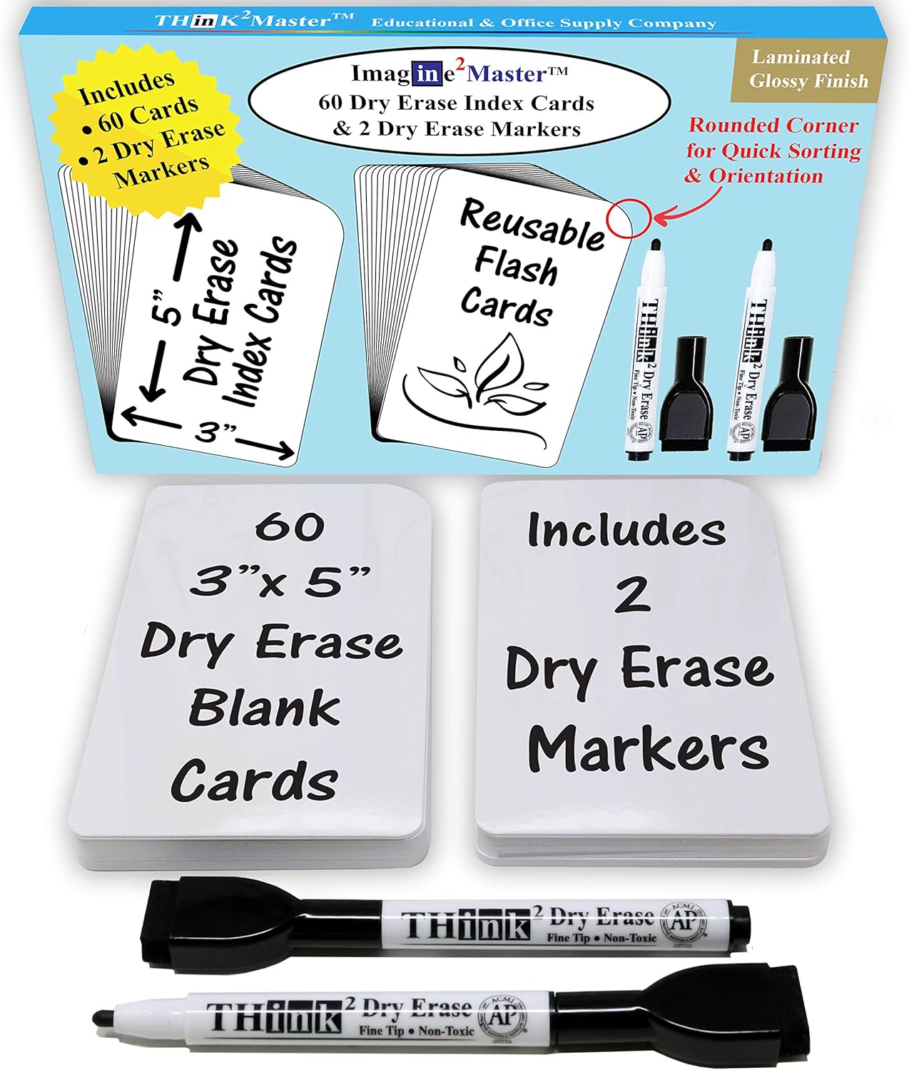 Imagine2Master 60 Blank Dry Erase Index Cards (3” X 5”). Comes with 2 Dry Erase Markers. DIY Flash Cards Great for Vocabulary, Game, Message, Notes. Glossy Laminated Finish 300 GSM Card Stock