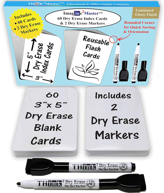 Imagine2Master 60 Blank Dry Erase Index Cards (3” X 5”). Comes with 2 Dry Erase Markers. DIY Flash Cards Great for Vocabulary, Game, Message, Notes. Glossy Laminated Finish 300 GSM Card Stock
