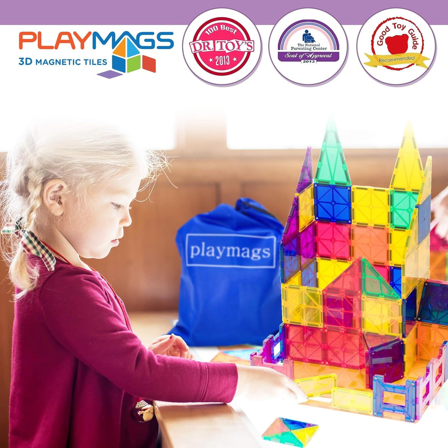 Playmags Magnetic Tile Building Set: Exclusive Educational Clickins – 80-Pc. Kit: 40 Super Strong Clear Color Magnet Tiles Windows & 40 Letters & Numbers – Stimulate Creativity & Brain Development