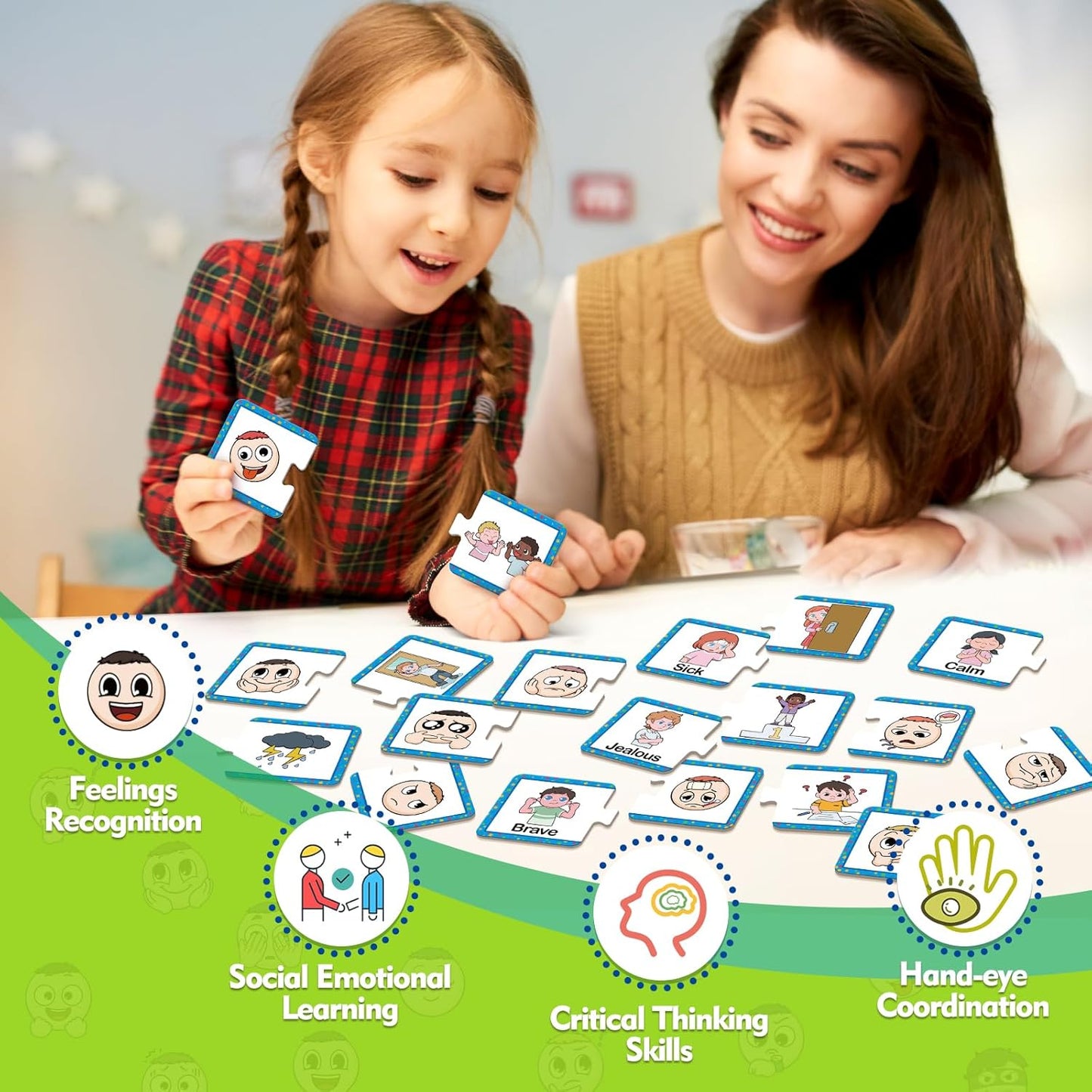 Kasfalci Feelings & Emotions Puzzle Cards,Feelings Chart Toys for Kids,Social Emotional Learning Activities,Speech Therapy Games,ADHD,Autism Learning Materials,Calm Down Corner Supplies for Classroom