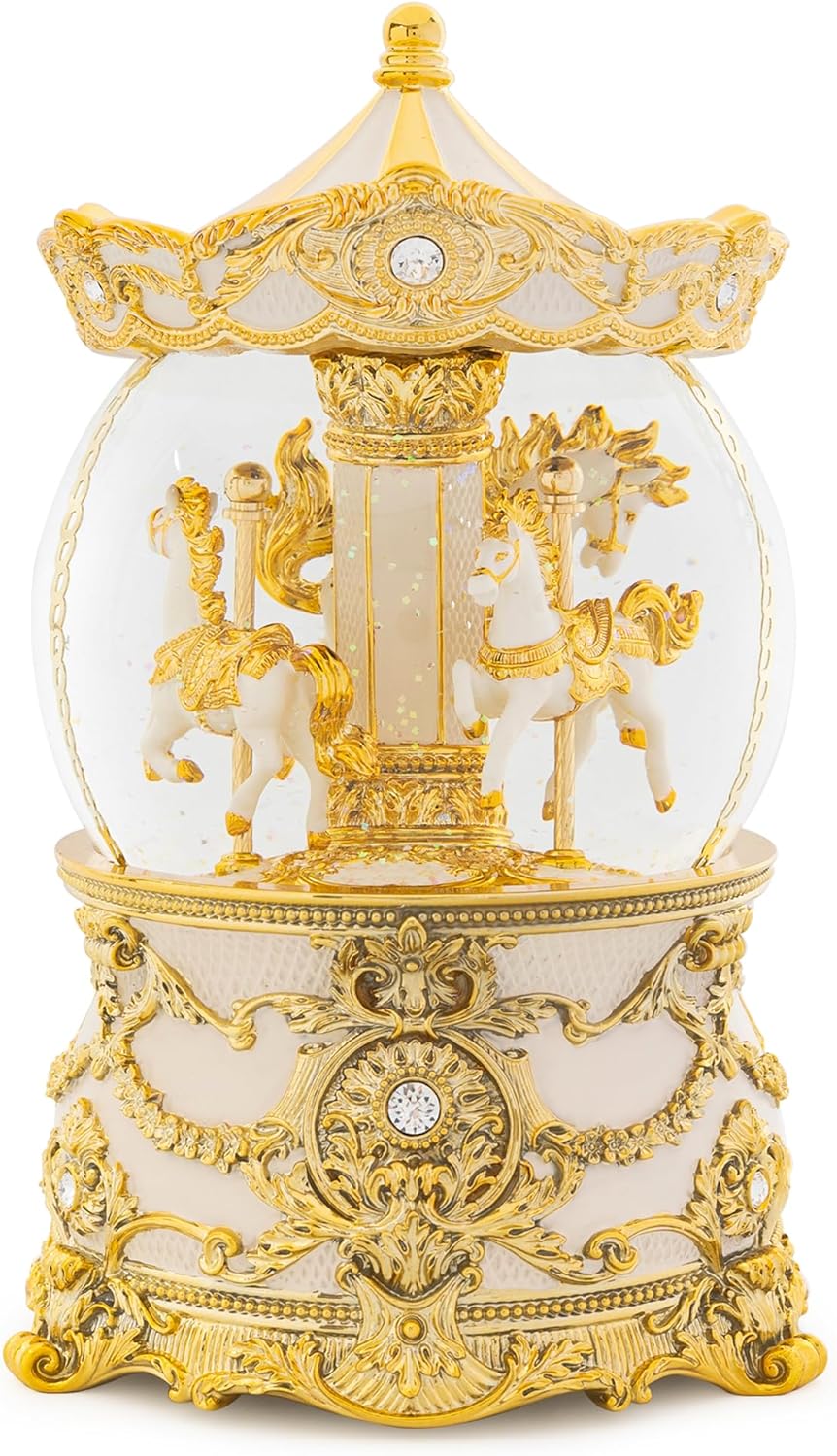 Carousel Music Box Gold & Ivory Christmas Snow Globes, 8.3" Rotate Carousel Snow Globe for Kids & Adults, Classic Wind up Musical Snow Globe Birthday Gifts for Women Girls, Carousel Horse Home Decor