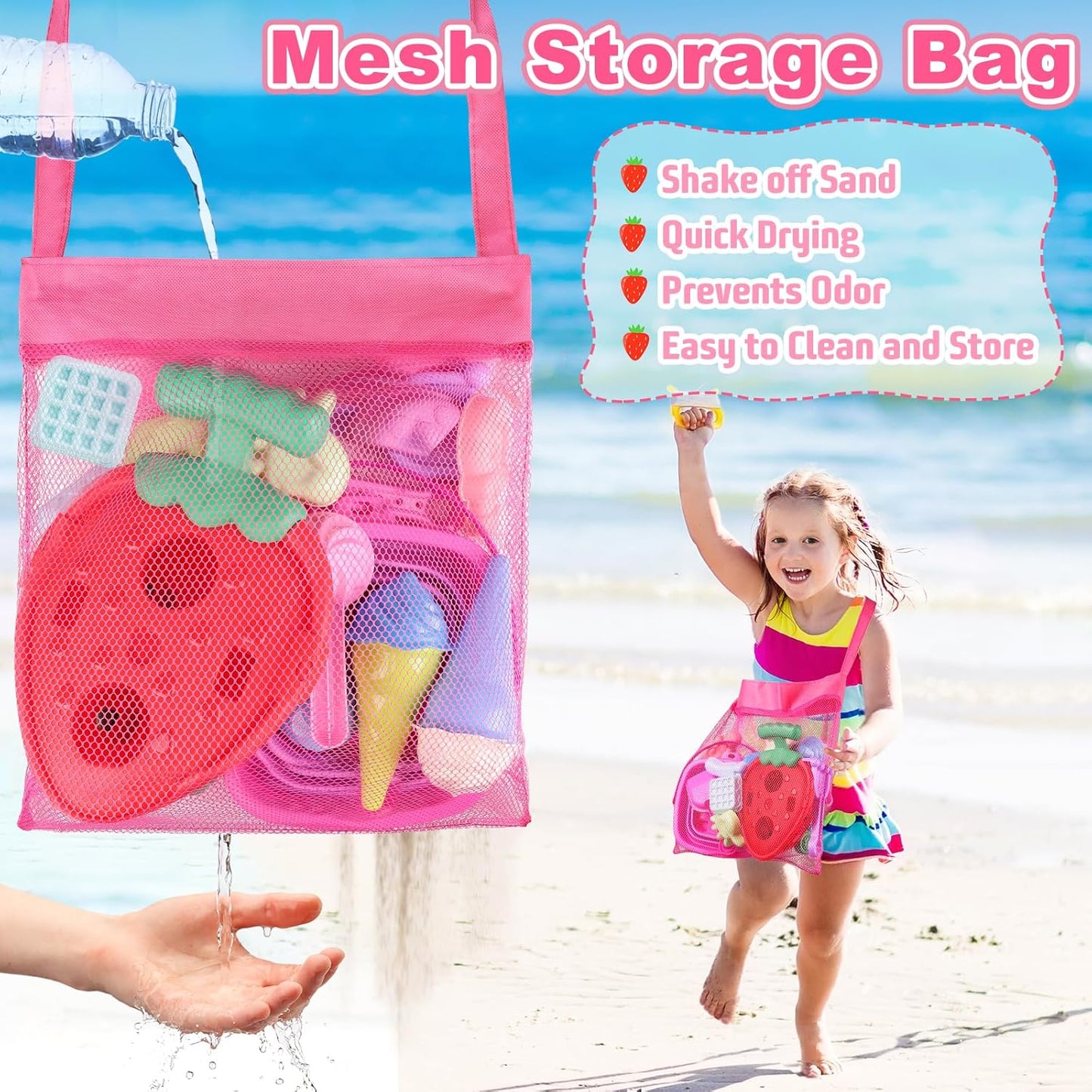 Meaicezli Beach Toys, Ice Cream Sand Toys with Collapsible Beach Bucket, Ice Cream Scoop and Cart, Sand Molds, Mesh Bag, Summer Outdoor Travel Toys for Toddlers 3-5