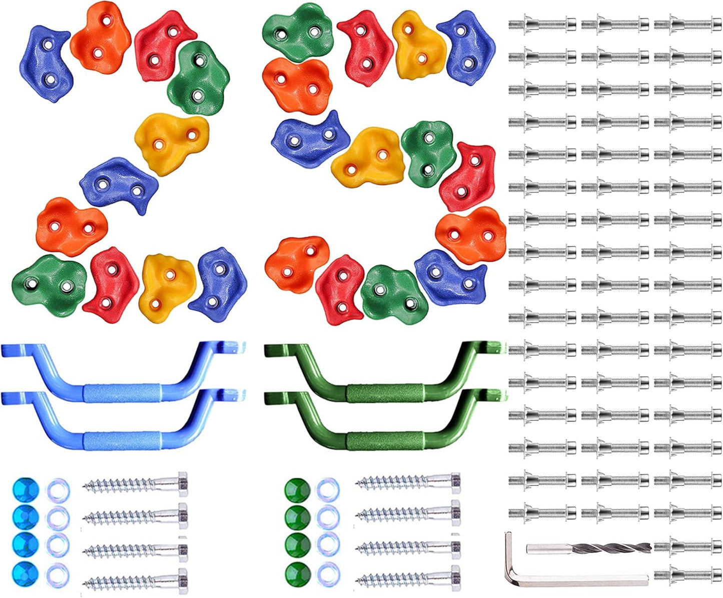 25 Pcs Colourful Pig Nose Shape Rock Climbing Holds with Blue & Green Auxiliary Handles, Indoor Outdoor Playground Wooden Play Set Build Exercise Toy Accessory - Mounting Hardware Kit Included