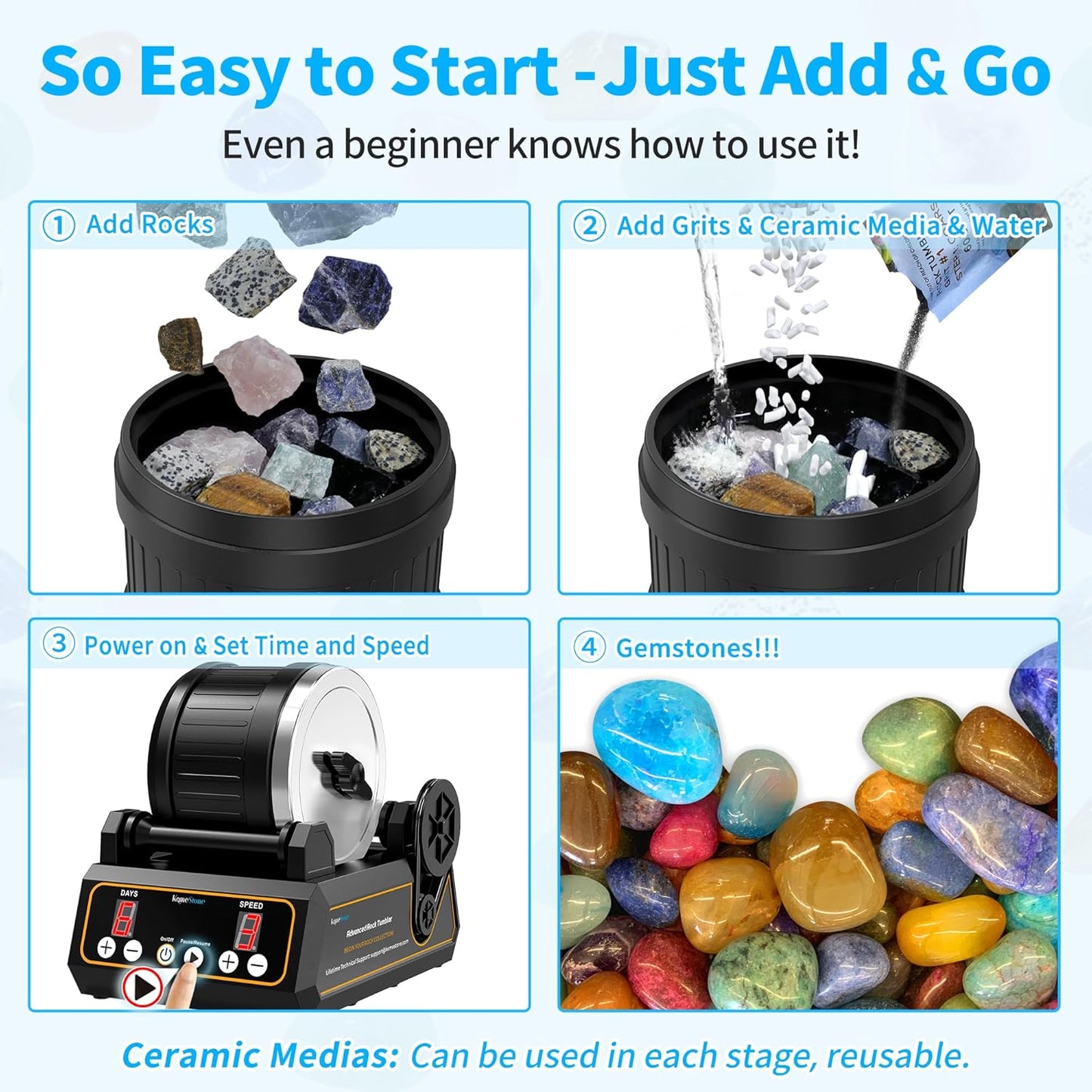 K1 Rock Tumbler Kit – Reliable Rotary Rock Polisher for Adults, Beginners & Hobbyists, 2.5LB Quiet Rubber Barrel with 3 Speeds, 9-Day Timer & Memory Function, Full Accessories Included, Ideal Gift