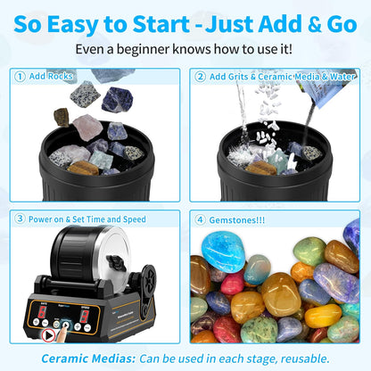 K1 Rock Tumbler Kit – Reliable Rotary Rock Polisher for Adults, Beginners & Hobbyists, 2.5LB Quiet Rubber Barrel with 3 Speeds, 9-Day Timer & Memory Function, Full Accessories Included, Ideal Gift