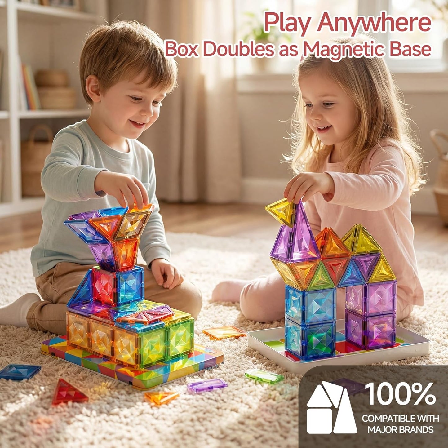 Magnetic Tiles for Kids Gift: 48 PCS Diamond Large Magnet Building Blocks in Storage Tin Box - 7.5cm Big Size 3D STEM Sensory Toy - Boys Girls Age 3-6 Birthday Party