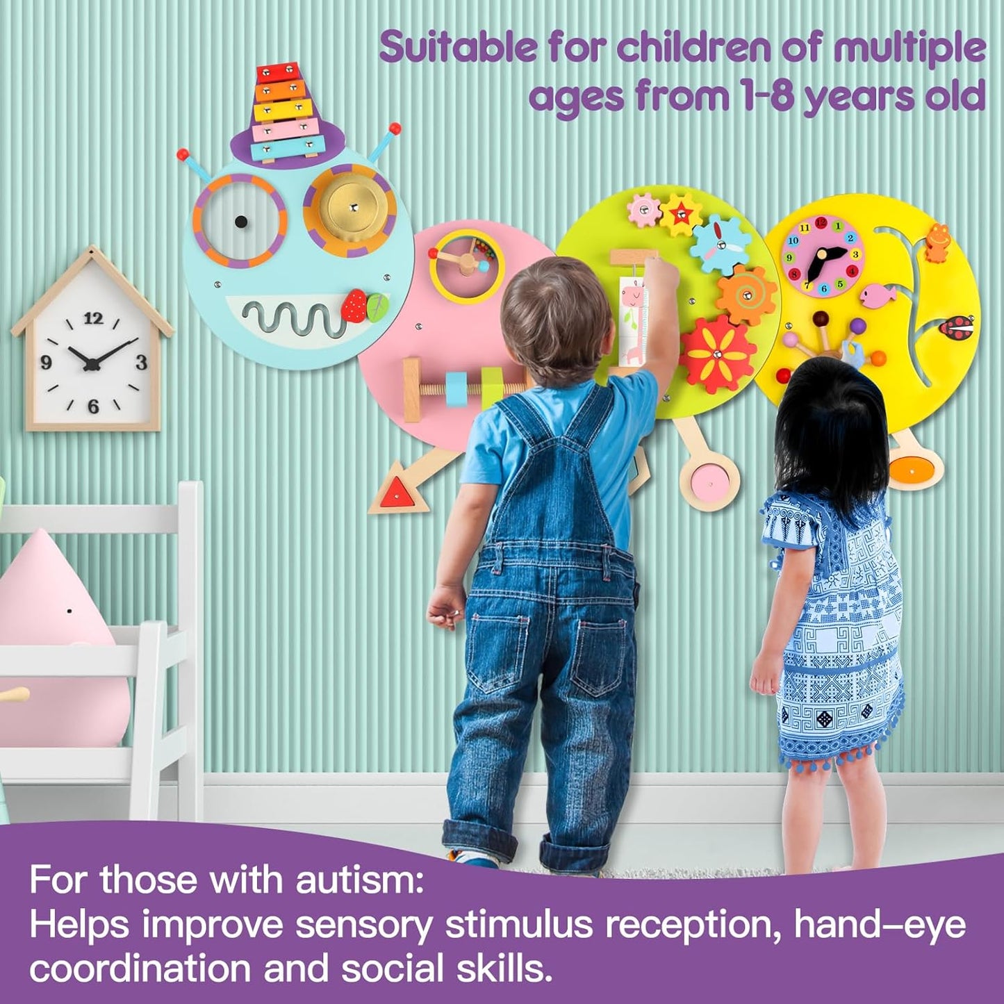 Rainbow Wall Busy Board for Kids: Wooden Montessori Activity Panel | 13-in-1 Sensory Learning Toys for Fine Motor Skills - Playroom & Nursery Essentials for Toddlers