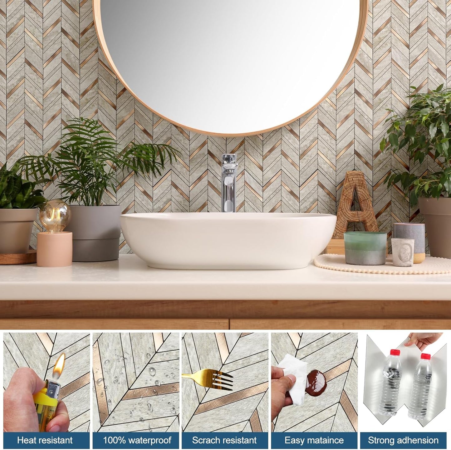 Yipscazo 10 Sheets Herringbone Backsplash Peel and Stick Tile, Marble Calacata Mixed Metal Gold PVC Stick on Backsplash for Kitchen, Waterproof Self Adhesive Wall Tile for Bathroom
