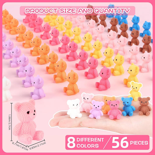 56 PCS Mini Resin Bears Cute Tiny Teddy Bear Figurines 8 Colors Small Counting Bears Miniature Resin Animals to Hide for Fairy Garden Home Office Desk Decorations